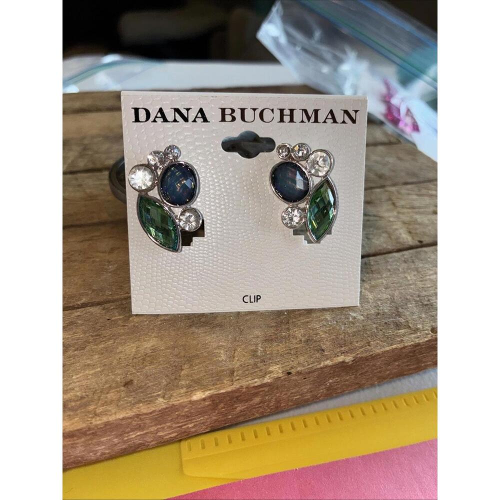 Dana Buchman Earrings Clip On Silver-Tone Green And Blue NEW